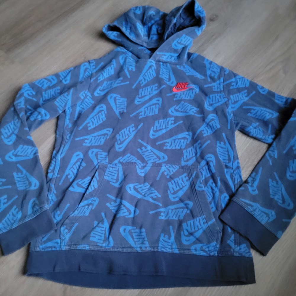 Nike Boys Hoodie‎ Large Blue All Over Logo Print Athletic Pullover Sweatshirt